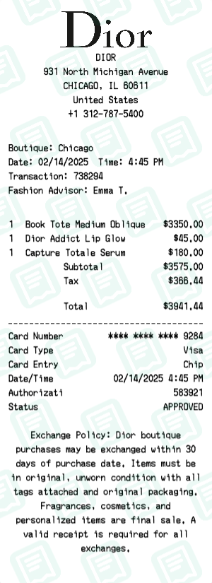 Dior Receipt Example - Multi-Item Purchase