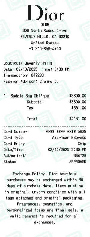 Dior Receipt Example - Saddle Bag