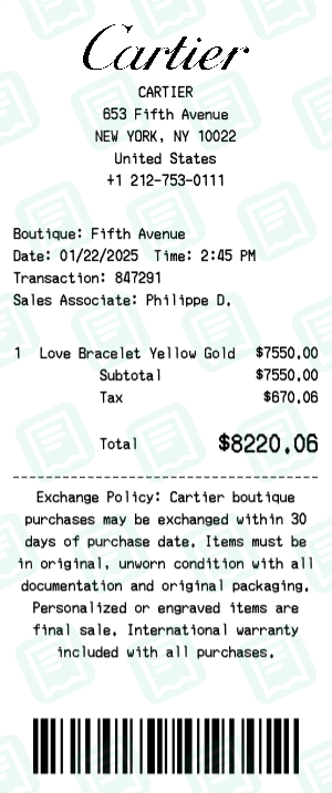 Cartier Receipt Example - Love Bracelet