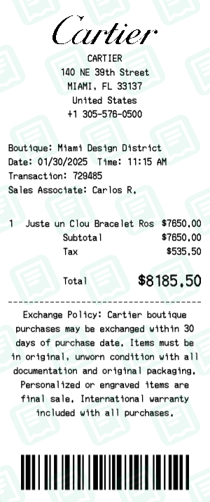 Cartier Receipt Example - Juste un Clou