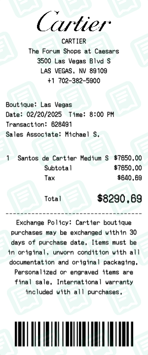 Cartier Receipt Example - Santos Watch