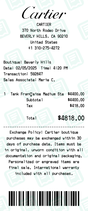 Cartier Receipt Example - Tank Watch