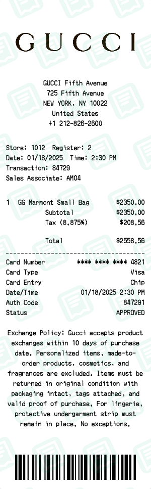 Gucci receipt preview - click to customize