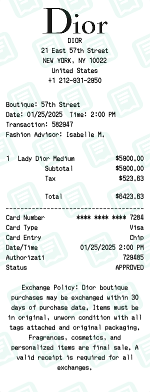 Dior receipt preview - click to customize