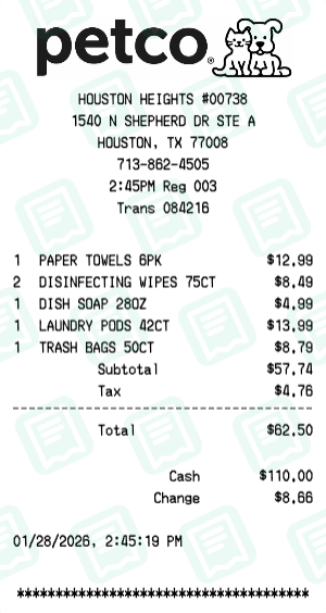 Petco Receipt Example - Household Essentials