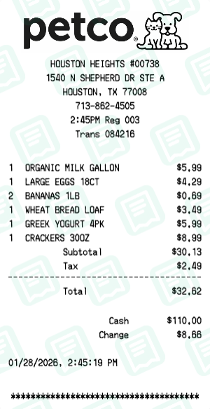 Petco Receipt Example - Weekly Grocery Run