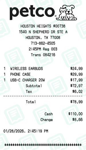 Petco Receipt Example - Electronics Purchase