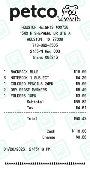 Petco Receipt Example - Back to School