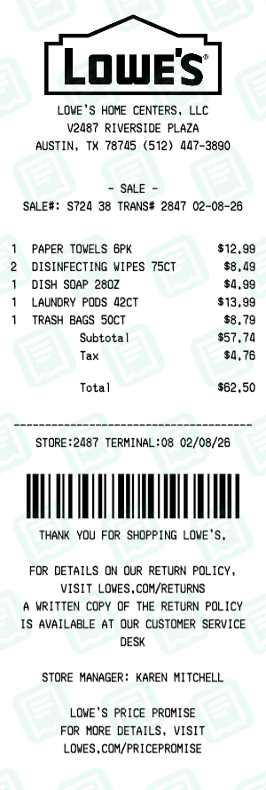 Lowe's Receipt Example - Household Essentials