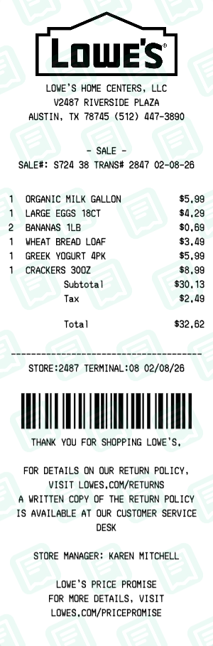 Lowe's Receipt Example - Weekly Grocery Run