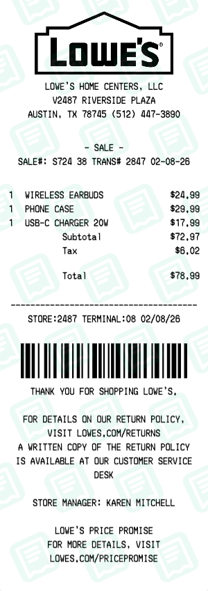 Lowe's Receipt Example - Electronics Purchase