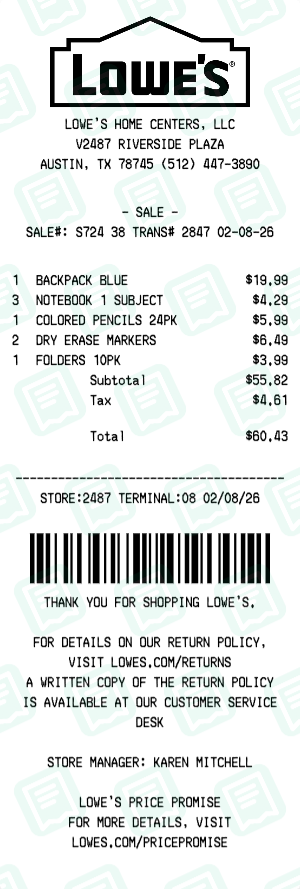 Lowe's Receipt Example - Back to School