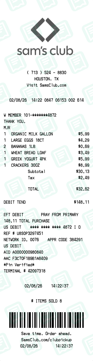 Sam's Club Receipt Example - Weekly Grocery Run