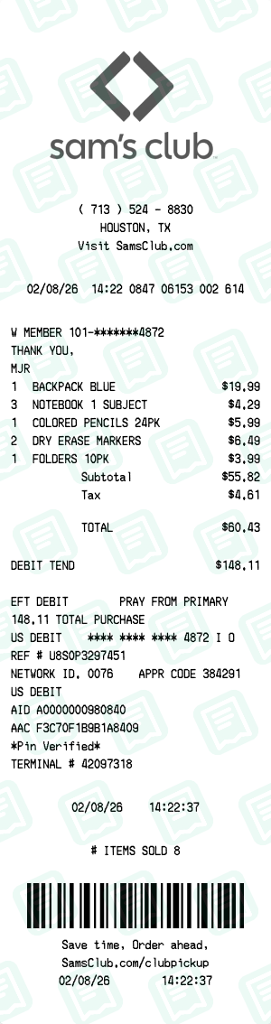 Sam's Club Receipt Example - Back to School