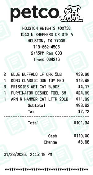 Petco receipt preview - click to customize