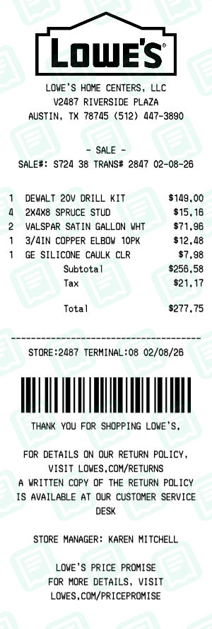 Lowe's receipt preview - click to customize