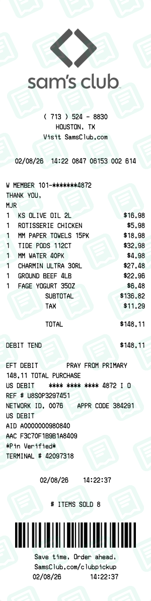 Sam's Club receipt preview - click to customize