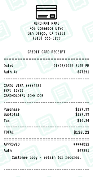 Credit Card receipt preview - click to customize