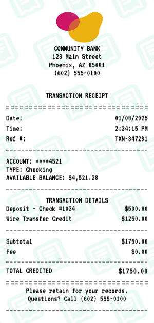 Bank Transaction receipt preview - click to customize