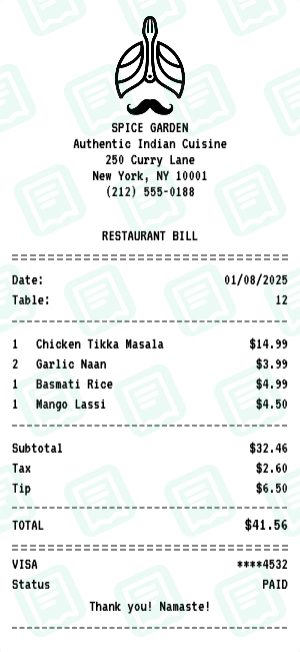 Indian Restaurant receipt preview - click to customize