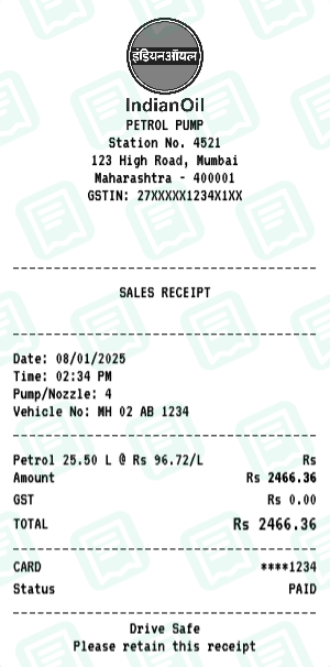 Indian Petrol Pump receipt preview - click to customize