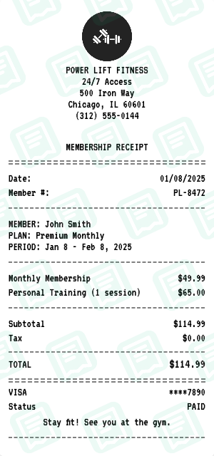 Gym receipt preview - click to customize
