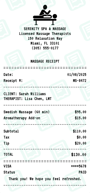 Massage receipt preview - click to customize