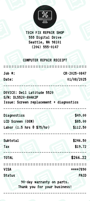 Computer Repair receipt preview - click to customize