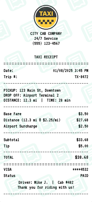 Taxi receipt preview - click to customize
