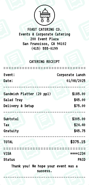 Catering receipt preview - click to customize