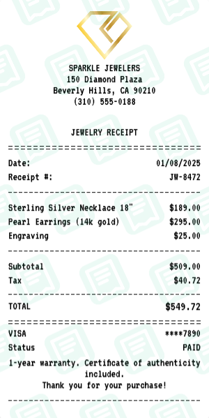 Jewelry receipt preview - click to customize