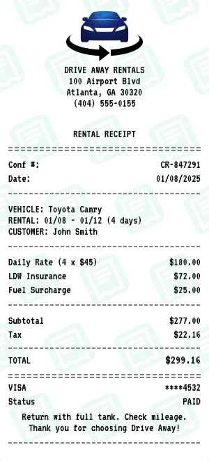 Car Rental receipt preview - click to customize