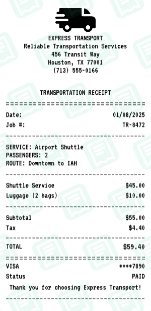 Transportation receipt preview - click to customize