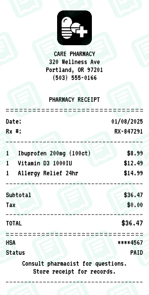 Medicine receipt preview - click to customize
