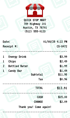 Convenience Store receipt preview - click to customize
