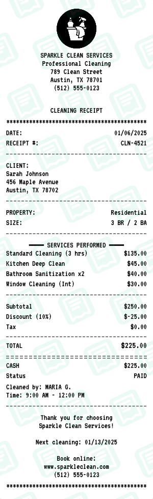 Cleaning receipt preview - click to customize