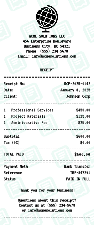 Business receipt preview - click to customize