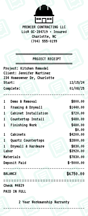 Contractor receipt preview - click to customize