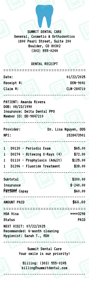 Dental receipt preview - click to customize