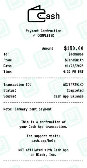 Cash App receipt preview - click to customize