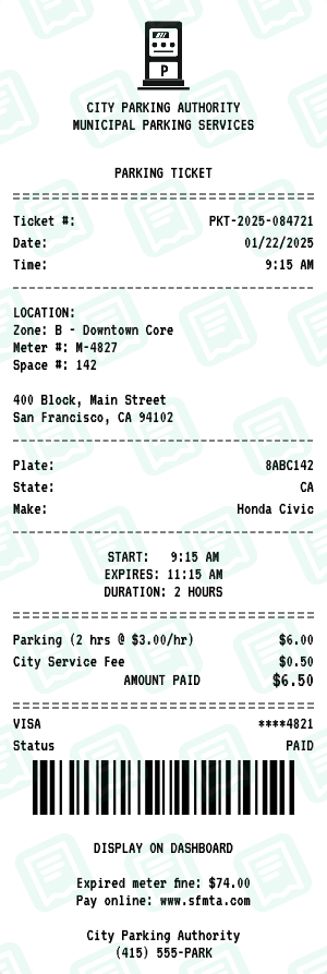 Parking Ticket receipt preview - click to customize