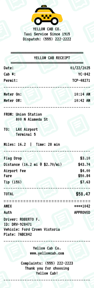 Yellow Cab receipt preview - click to customize