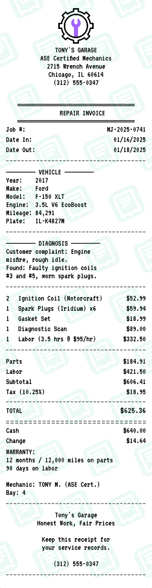 Mechanic receipt preview - click to customize