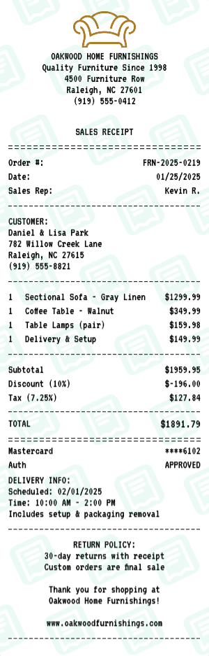 Furniture receipt preview - click to customize