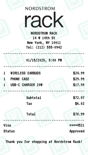 Nordstrom Rack Receipt Example - Electronics Purchase
