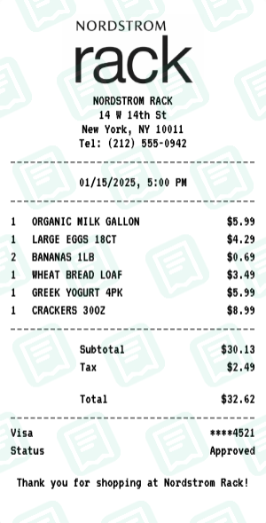 Nordstrom Rack Receipt Example - Weekly Grocery Run