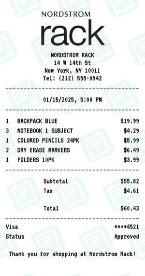 Nordstrom Rack Receipt Example - Back to School