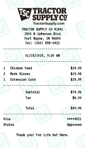 Tractor Supply Co receipt preview - click to customize