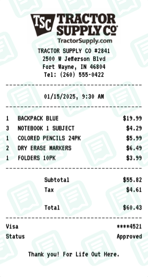 Tractor Supply Co Receipt Example - Back to School