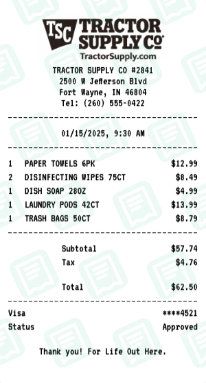 Tractor Supply Co Receipt Example - Household Essentials